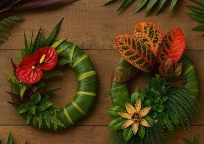 熱帯の葉や花で飾られた美しいリース