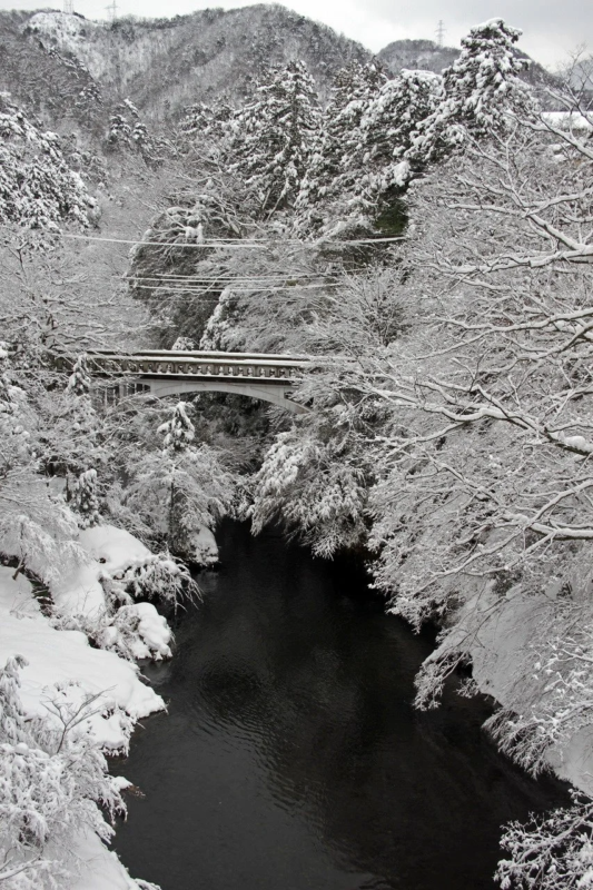 雪景色、川、橋