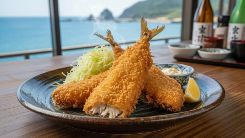 海辺のレストランで提供されるアジフライ