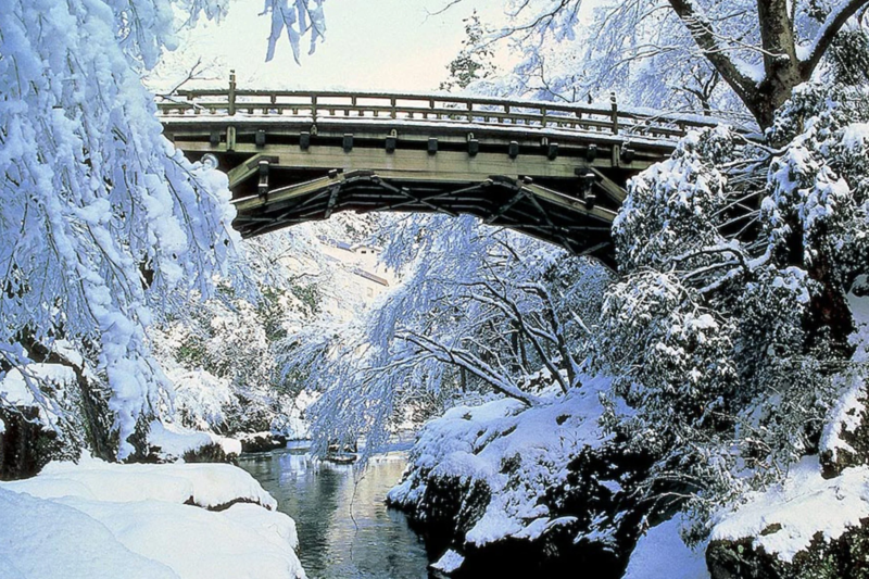 雪に覆われた冬の美しい風景に架かる木製の橋