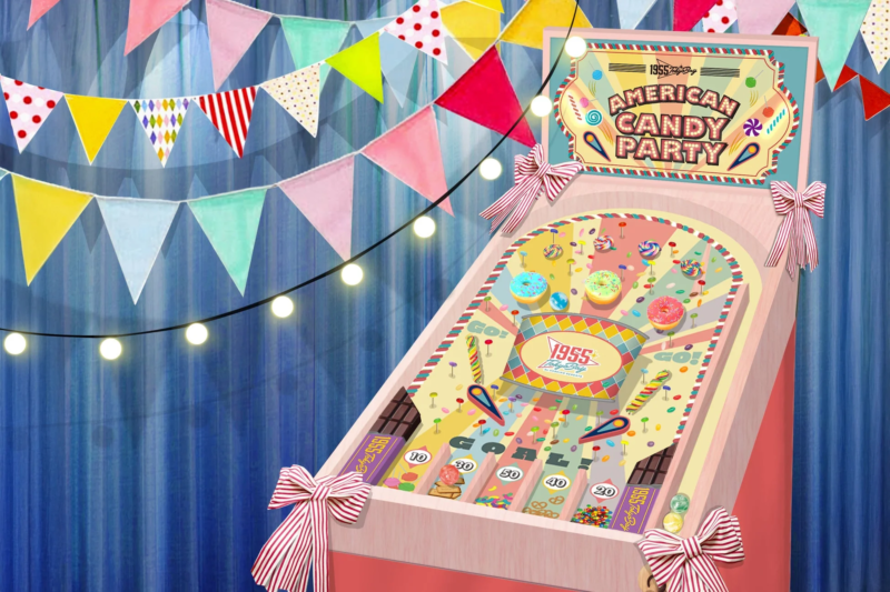 レトロなピンボールゲーム機とドーナツ、キャンディのイラスト