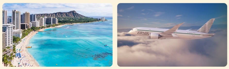 ハワイのワイキキビーチと都市の風景、そして雲の上を飛ぶZIPAIRの飛行機