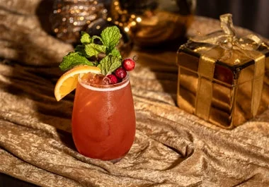 オレンジとミント、クランベリーで飾られた赤いカクテル