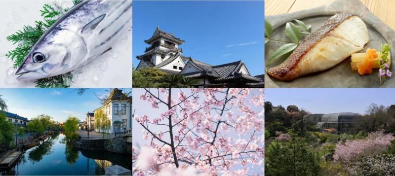 春の岡山と高知の魅力を伝えるコラージュ画像