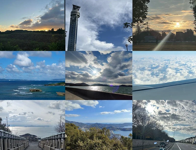 夕焼け、海、山、タワー、雲海など、様々な時間帯や場所で撮影された美しい自然風景や空の景色を9枚のコラージュ