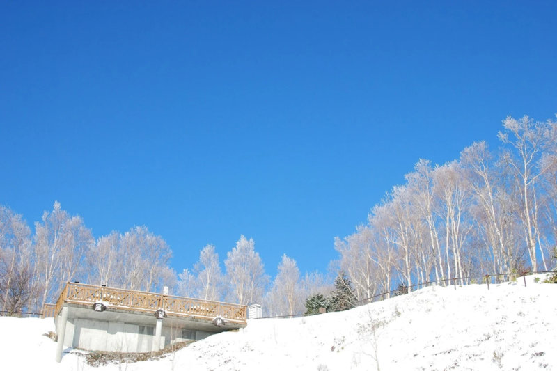 霧氷と木製の橋