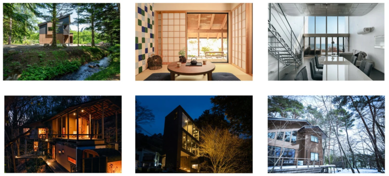 モダン建築から和風建築まで、自然に溶け込む多様な住宅デザインのコラージュ