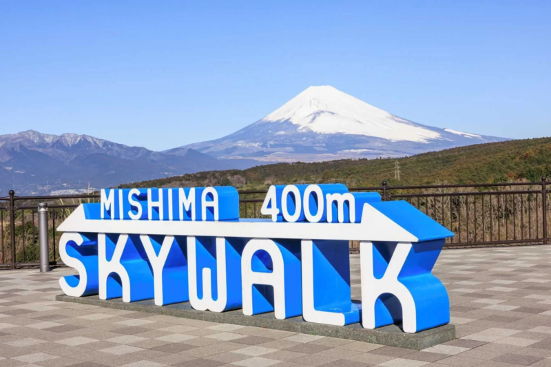 青い文字で「MISHIMA 400m SKYWALK」と書かれた看板があり、その背景には雪をかぶった雄大な富士山と青い空が広がる絶景の風景