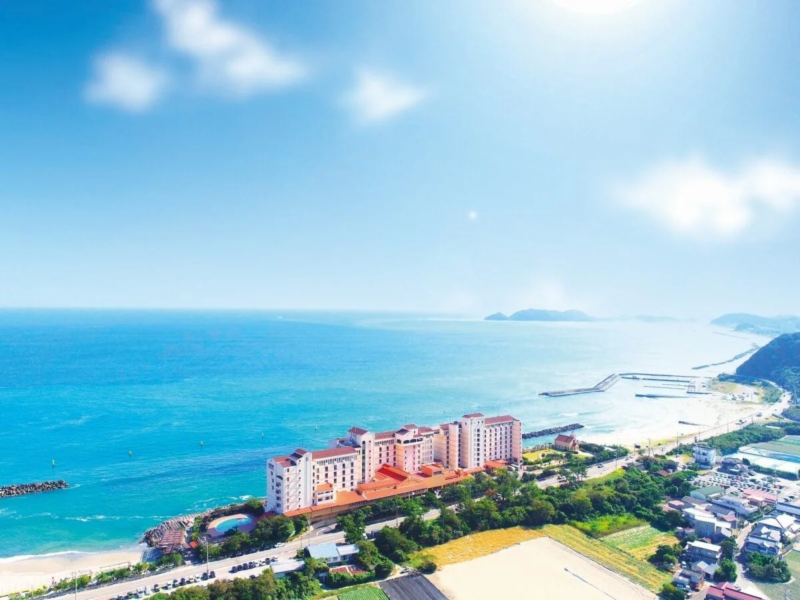 青い海と空が広がる海岸線に建つリゾートホテルの航空写真です。