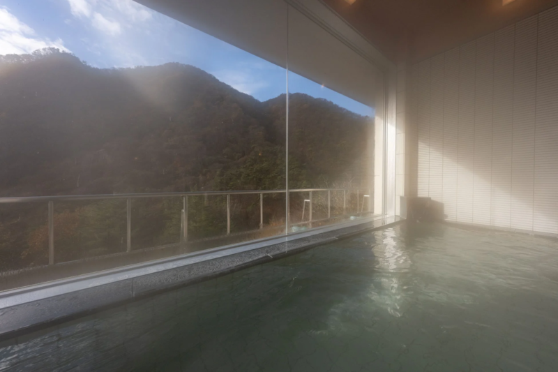 山々を望む広々とした温泉の内風呂
