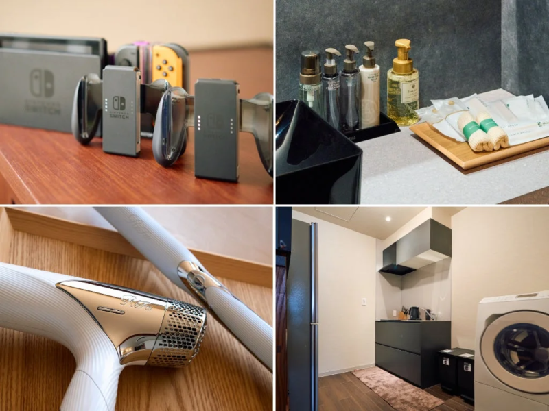ニンテンドースイッチや充実したバスアメニティ、キッチン設備