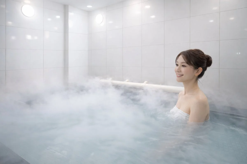 湯に浸かる女性