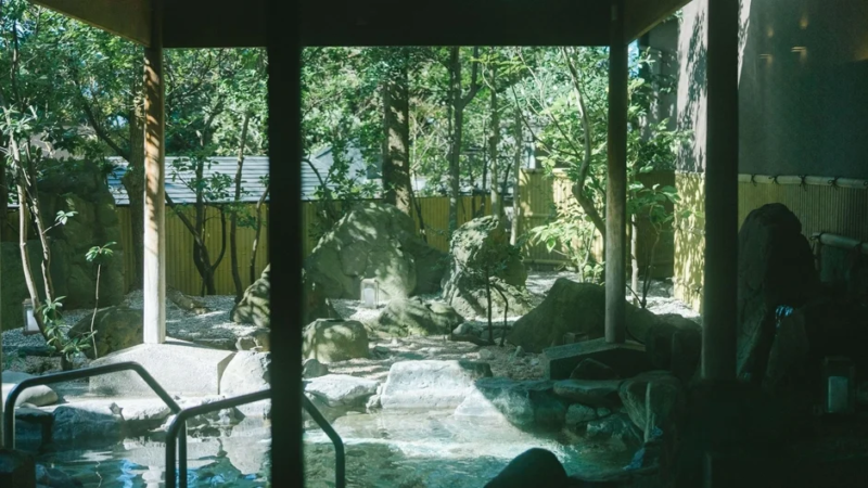 緑豊かな木々と岩に囲まれた趣のある日本庭園の露天風呂