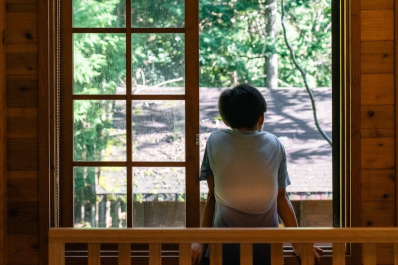 窓から外の景色を眺める少年