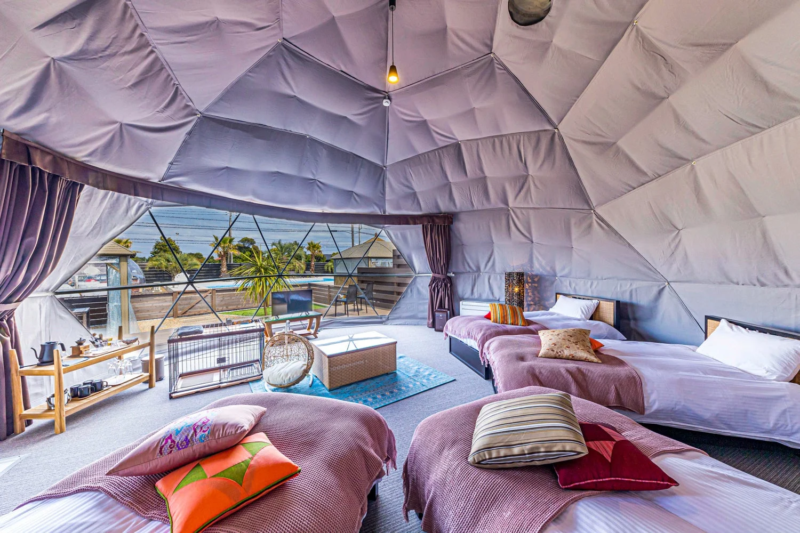 グランピングドームの室内とプール