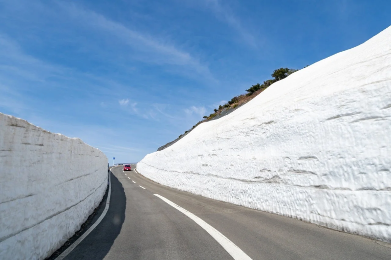 雪の壁に挟まれた道路を走る赤い車