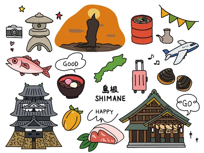 島根の観光名所や特産品を紹介するイラスト