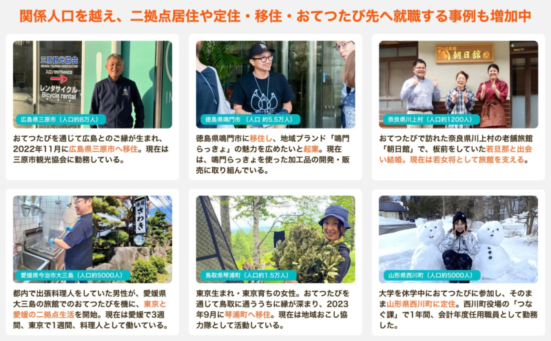 「おてつたび」を通じて地方への移住、定住、二拠点生活、就職を果たした人々の事例集。