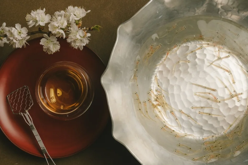 たくさんの白い小魚（しらす）が入った銀色の器