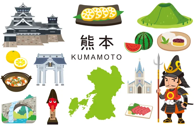 熊本の観光名所や特産品を紹介するイラスト