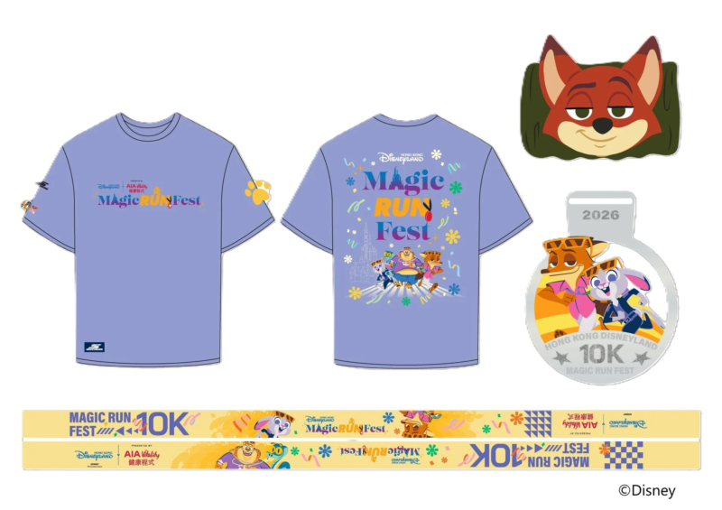 香港ディズニーランドで開催される「Magic RUN Fest」のイベントグッズデザイン案です。ズートピアのキャラクター、ニックとジュディが描かれたTシャツ、メダル、ランニングベルトが含まれており、2026年の10Kランの記念品であることが示唆されています。AIA Vitalityが協賛し、SKECHERSのロゴも見られます。