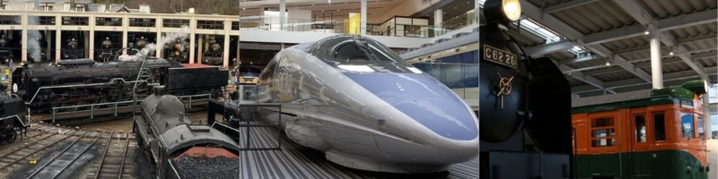 様々な時代の列車が展示されている様子。屋外には煙を上げる蒸気機関車が、屋内には流線型の新幹線やレトロな電車が並び、鉄道の歴史と多様性を示しています。
