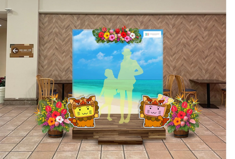 フォトスポット、リゾート、トロピカル、ビーチ、海、空、雲、シルエット、カップル、花、シーサー、沖縄、フォトブース、旅行、観光、記念撮影、装飾